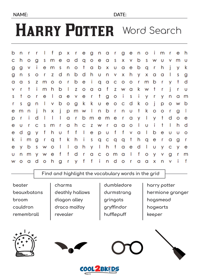 14 Magical Harry Potter Things Word Search Printables Kittybabylovecom Harry Potter Word 