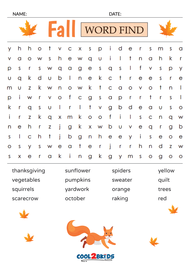 Printable Fall Word Search Cool2bKids