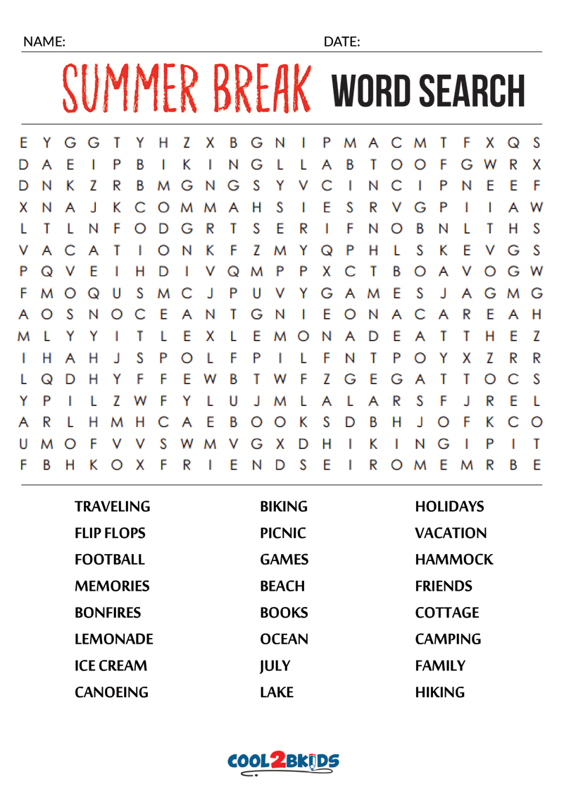 Printable Summer Word Search Cool2bKids