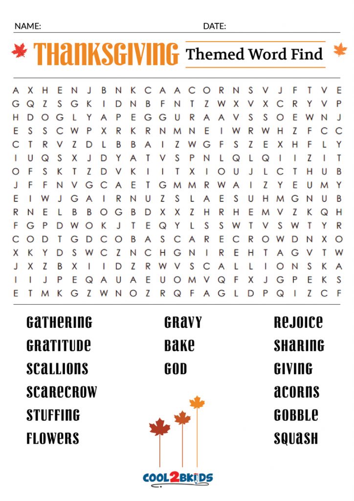 Printable Thanksgiving Word Search - Cool2bKids