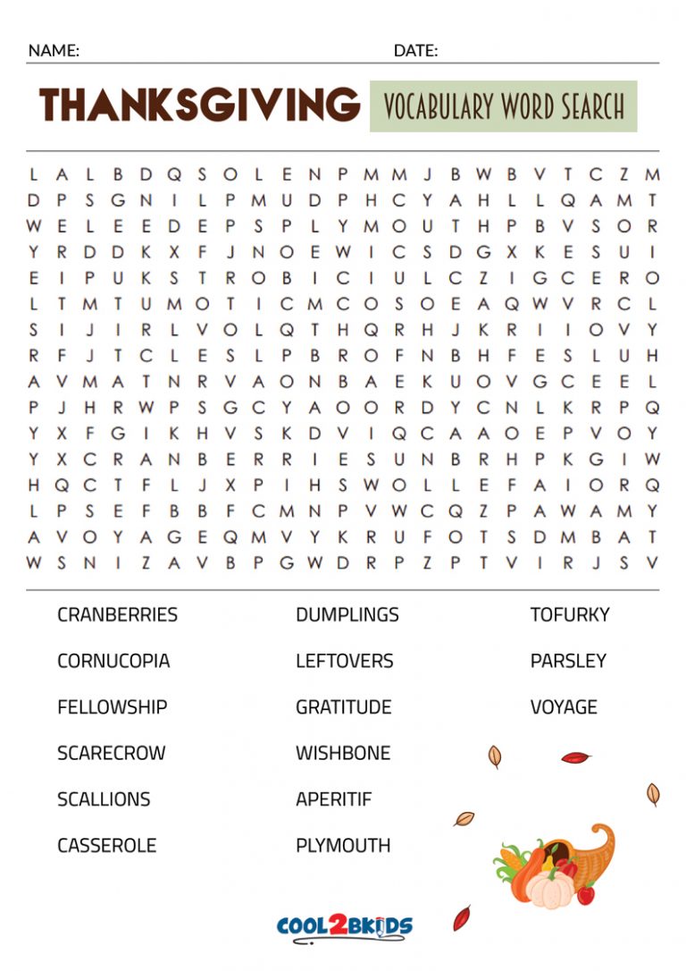 Printable Thanksgiving Word Search - Cool2bKids