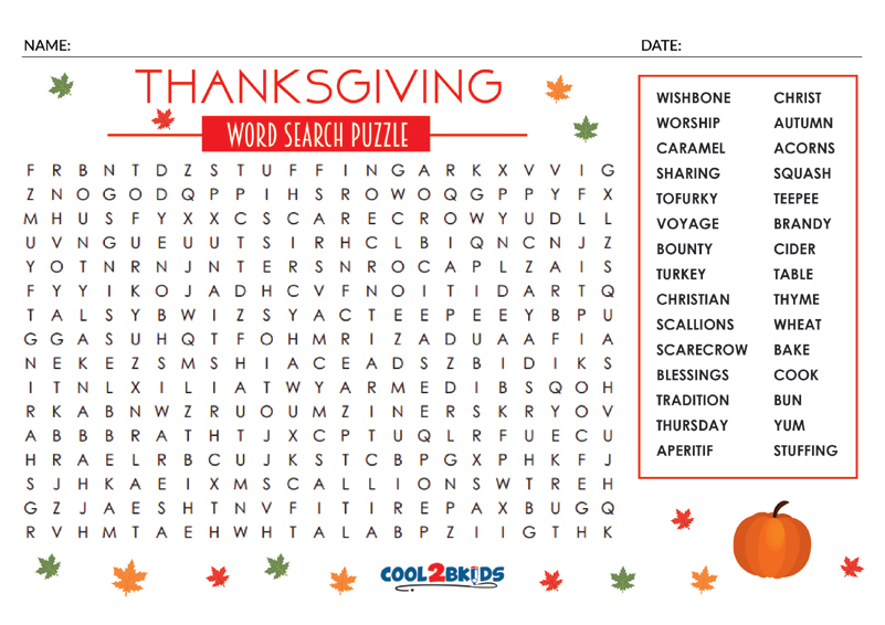 Printable Thanksgiving Word Search - Cool2bKids