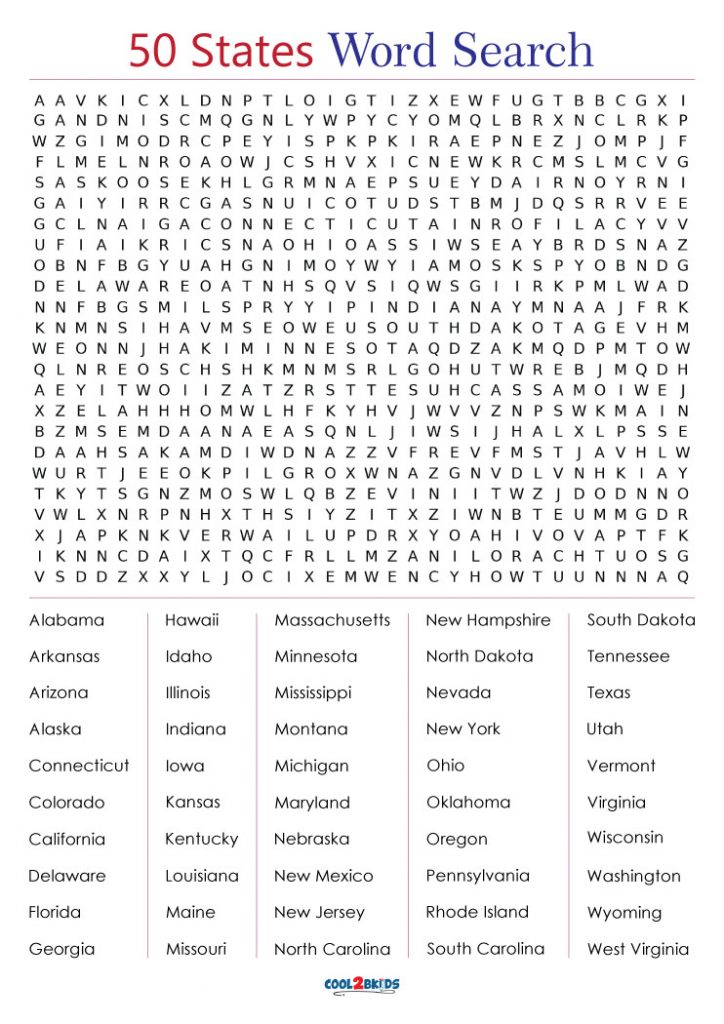 Printable 50 States Word Search Cool2bKids