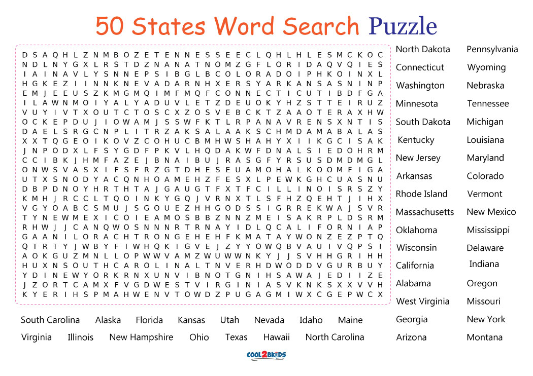 Printable 50 States Word Search Cool2bKids