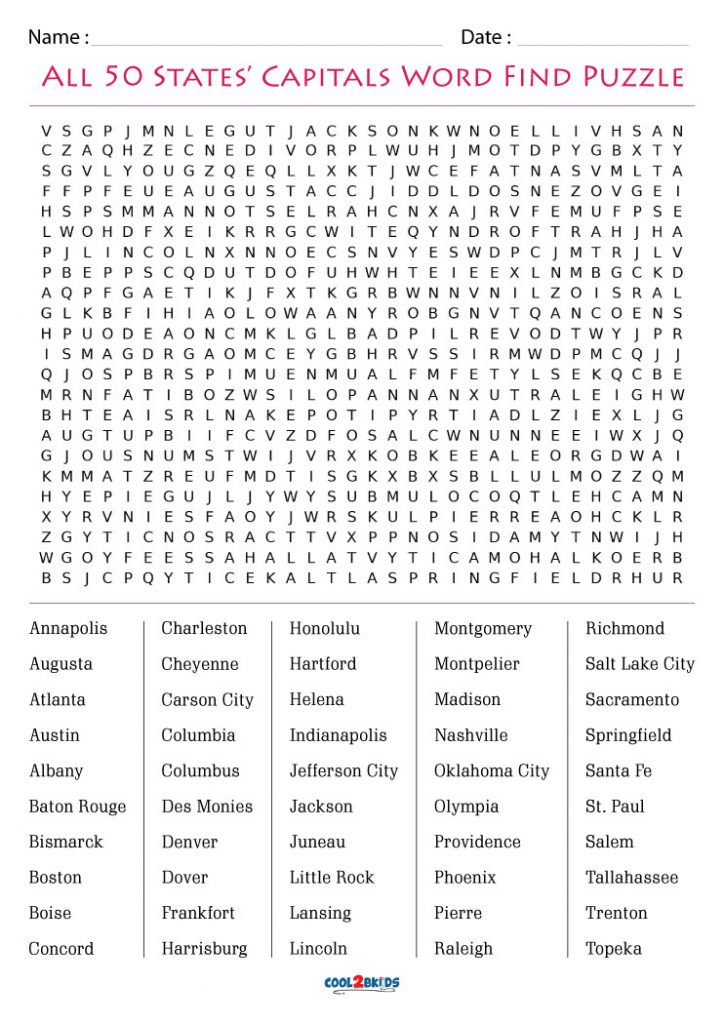 50 States Word Search Puzzle