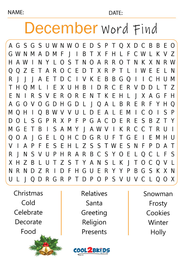 Printable December Word Search Cool2bKids