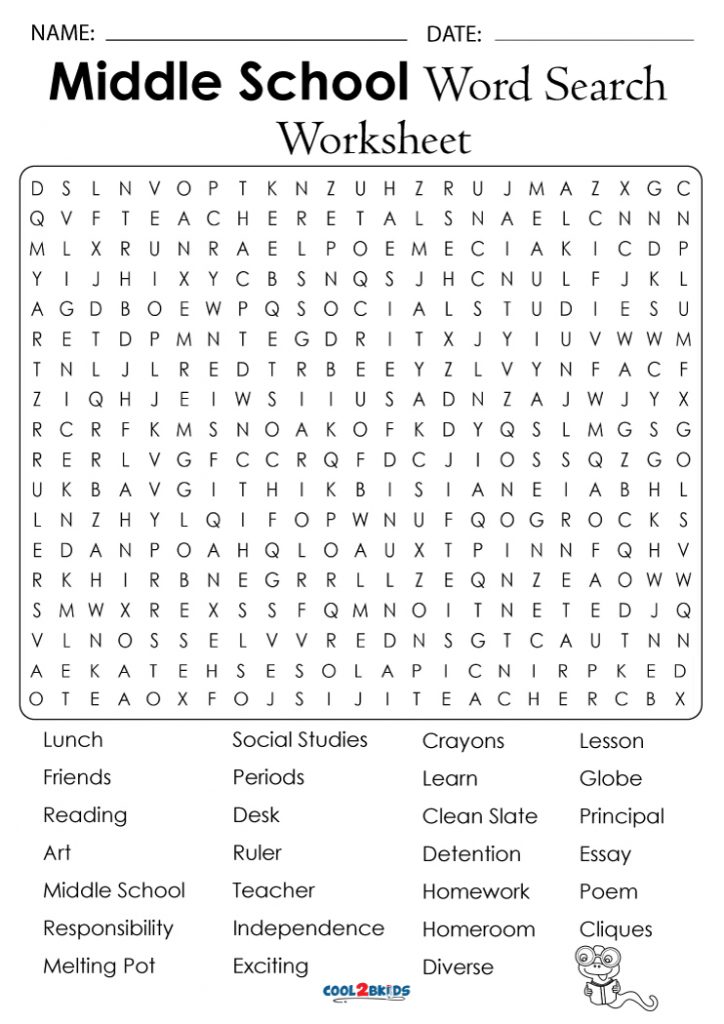 Middle School Word Search Printable