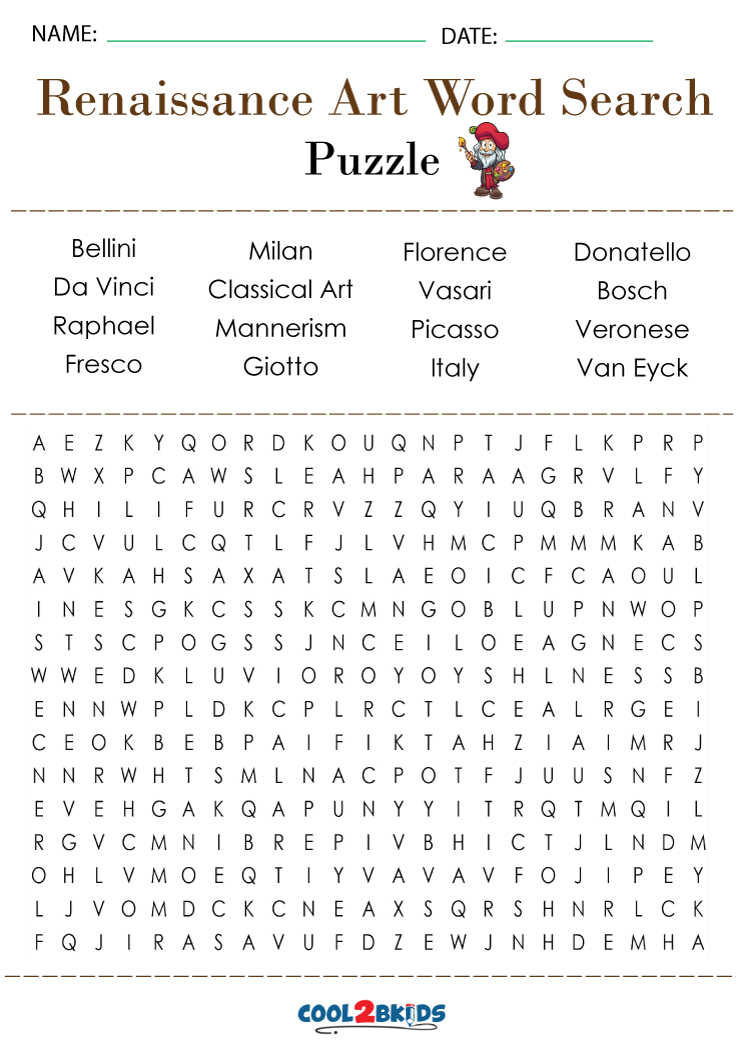 Printable Art Word Search - Cool2bKids