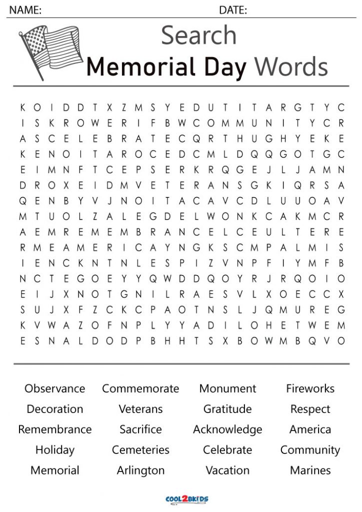 Printable Memorial Day Word Search Cool2bKids