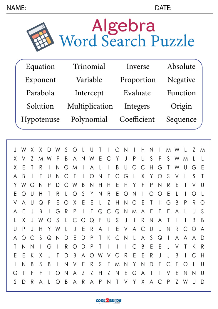 Printable Algebra Word Search Cool2bKids