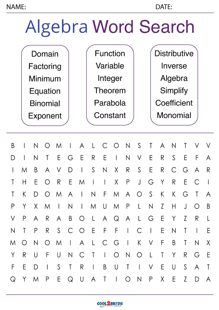 Printable Algebra Word Search Cool2bKids