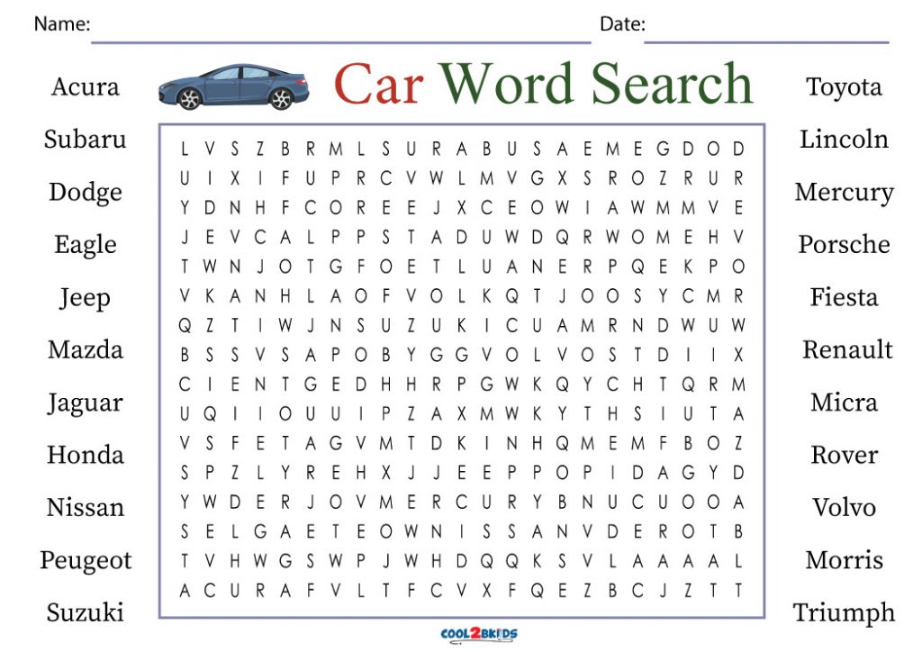 Printable Car Word Search Cool2bKids