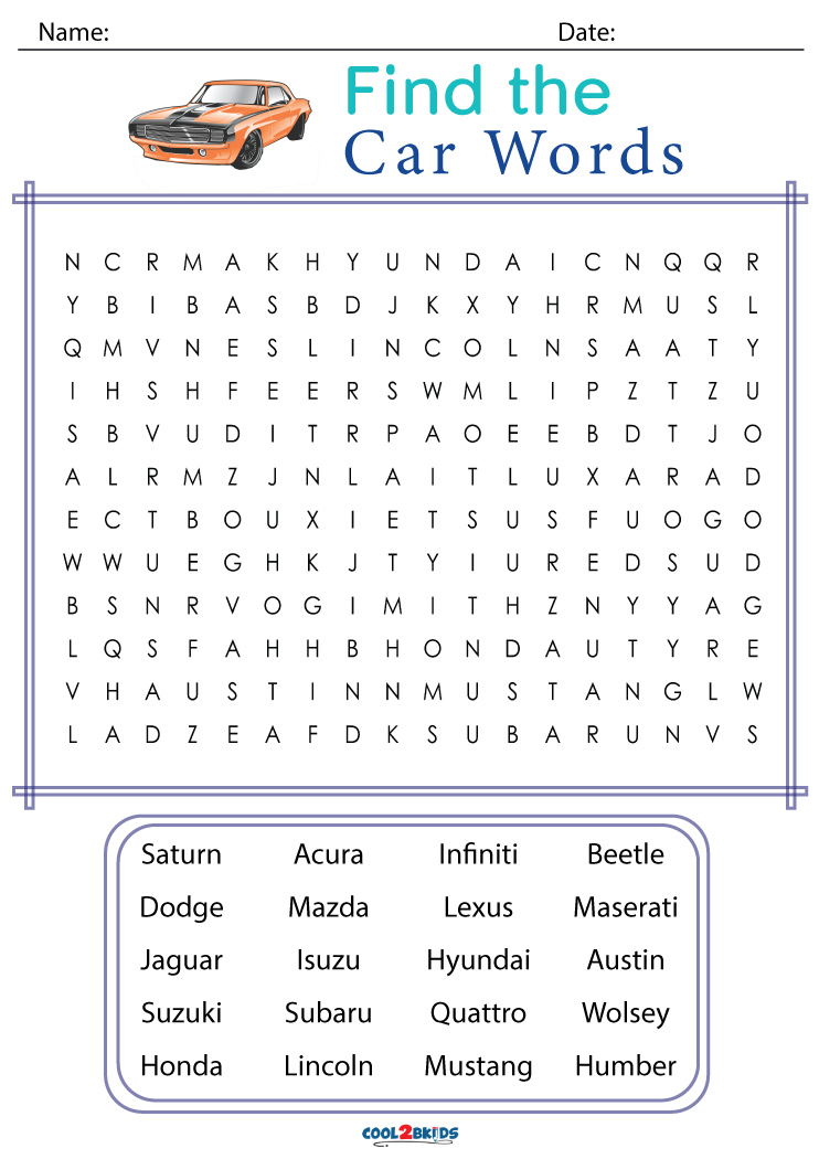 Printable Car Word Search Cool2bKids