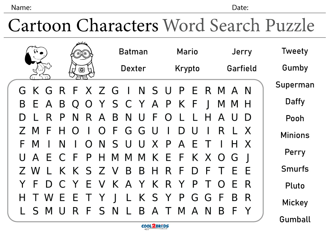 Printable Cartoon Word Search Cool2bKids