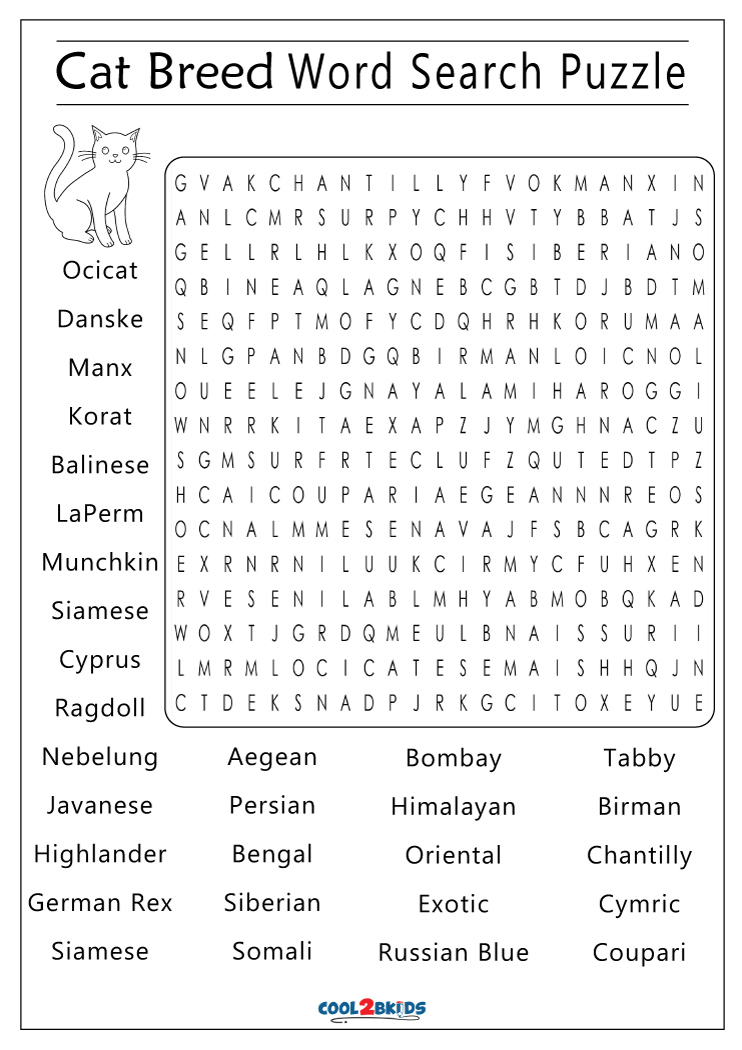 Printable Cat Word Search - Cool2bKids