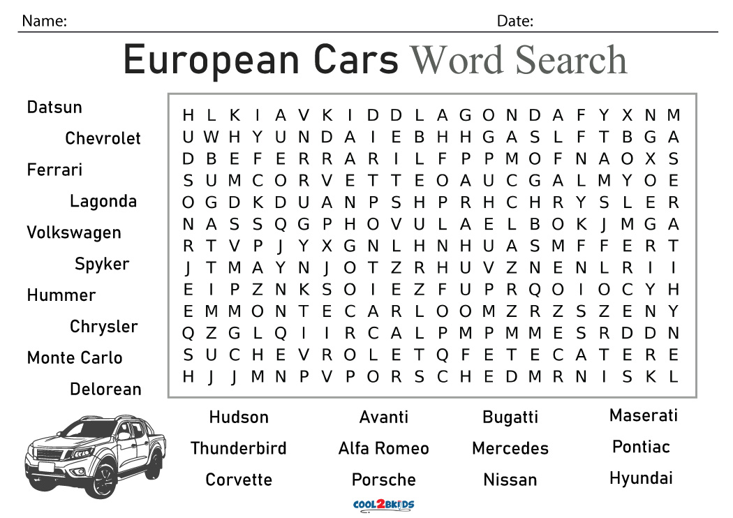 Printable Car Word Search Cool2bKids