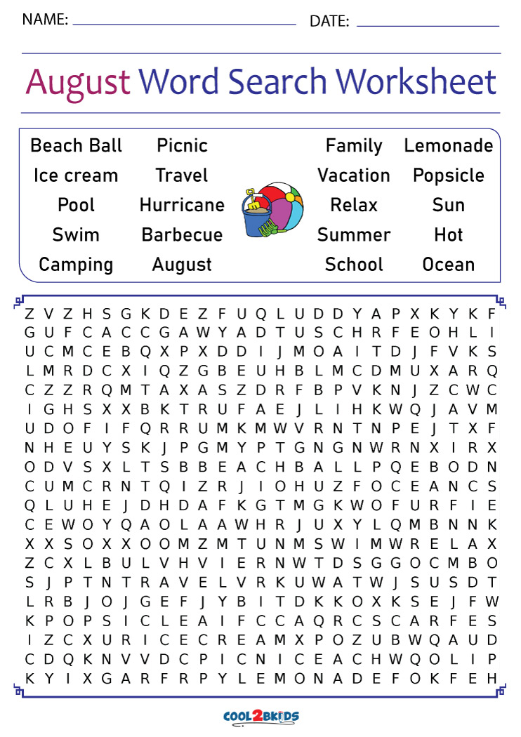 Printable August Word Search Cool2bKids