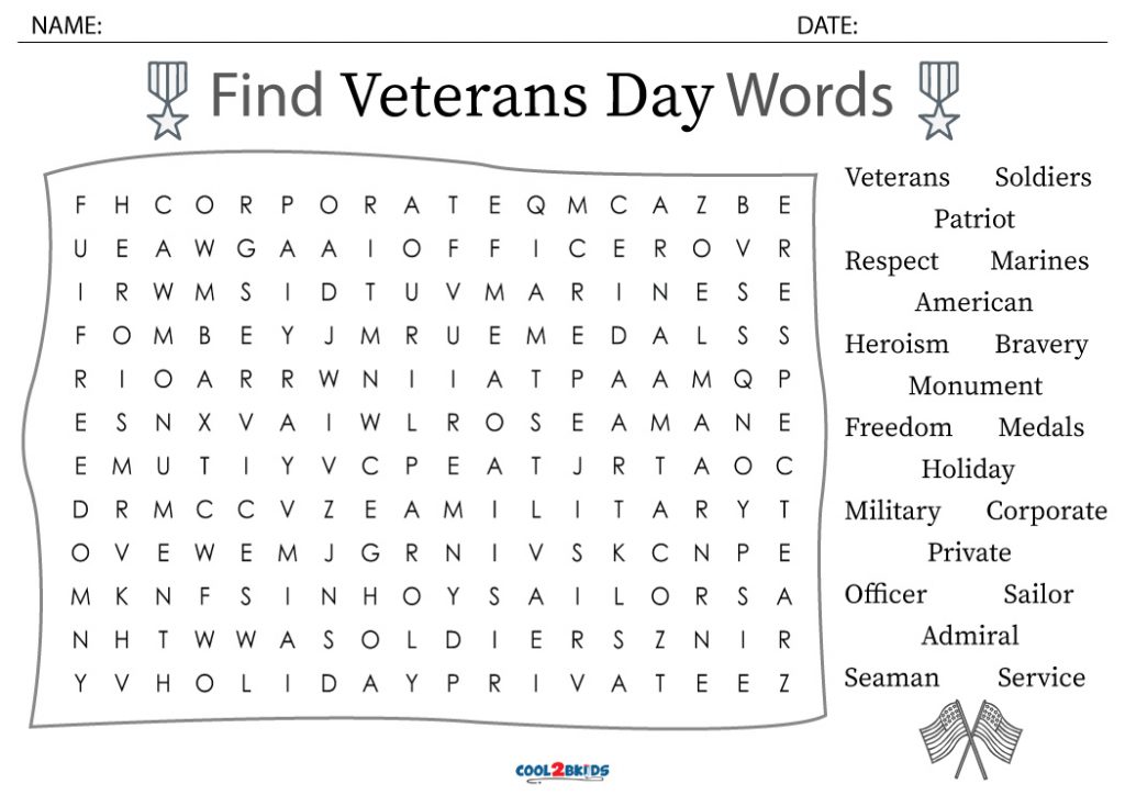 Printable Veterans Day Word Search Cool2bKids