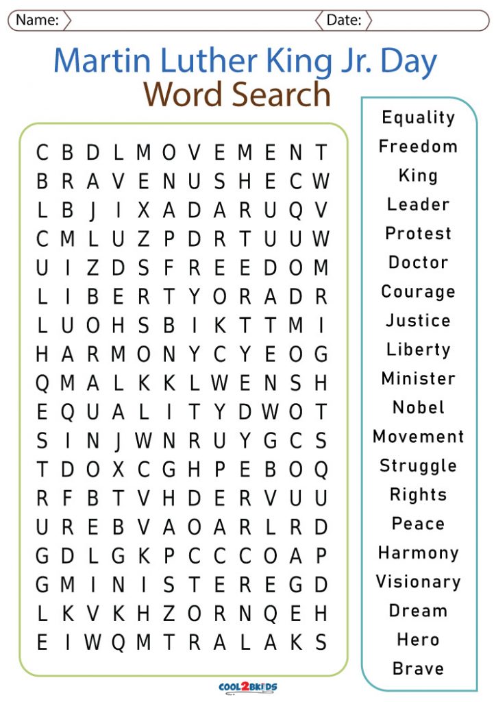 Printable Martin Luther King Jr Word Search Cool2bKids