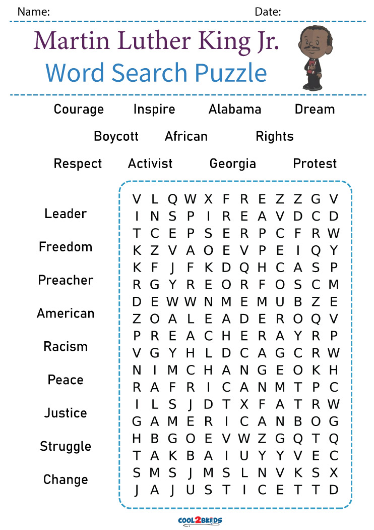 Printable Martin Luther King Jr Word Search Cool2bKids