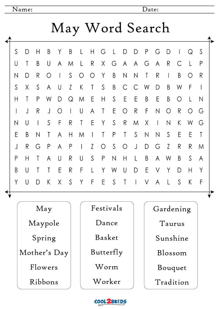 Printable May Word Search Cool2bKids