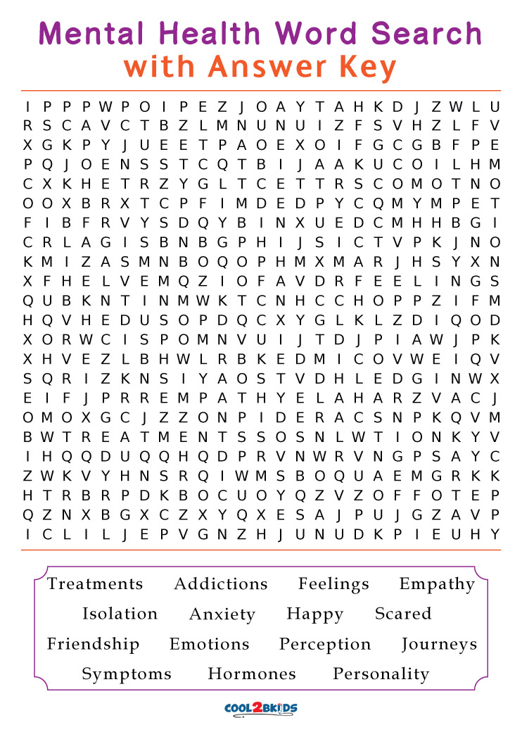 Printable Mental Health Word Search - Cool2bkids