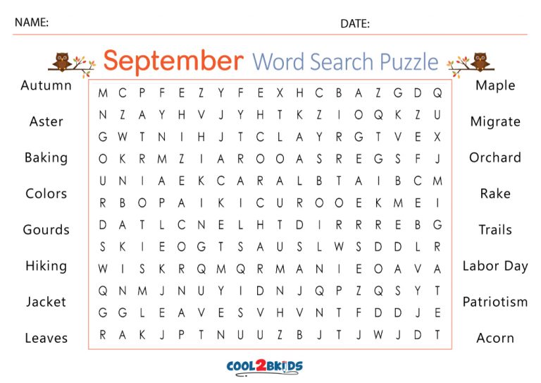 Printable September Word Search Cool2bKids