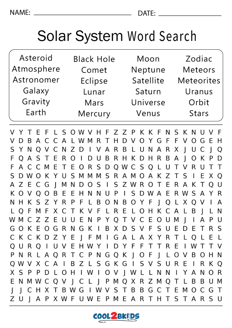 Solar System Word Search Free Printable