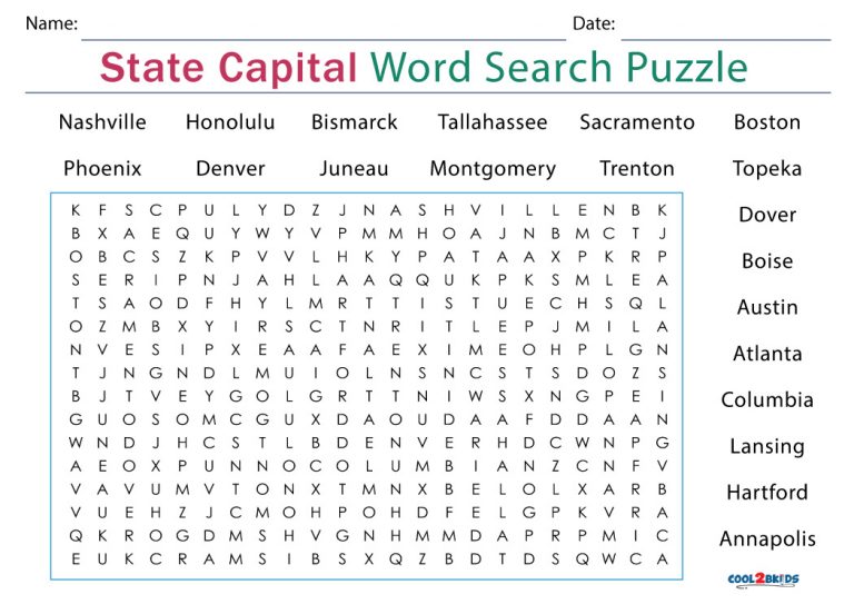 Printable State Capitals Word Search Cool2bKids