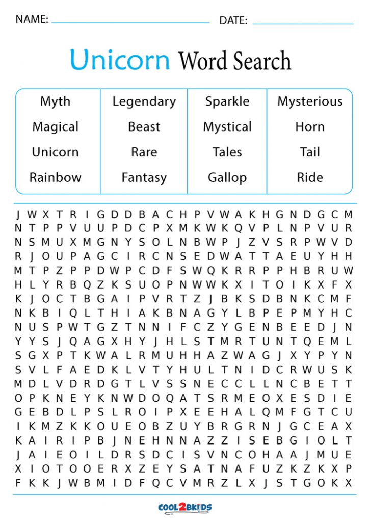 Printable Unicorn Word Search Cool2bKids