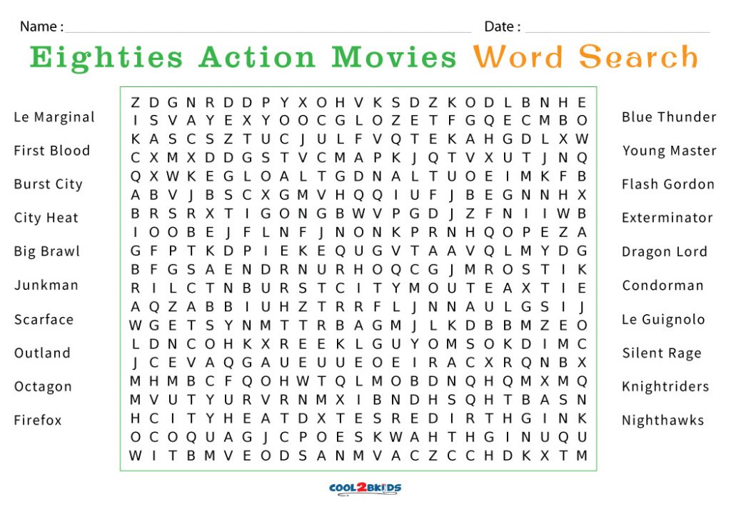 Word Search Eighties Action Movies