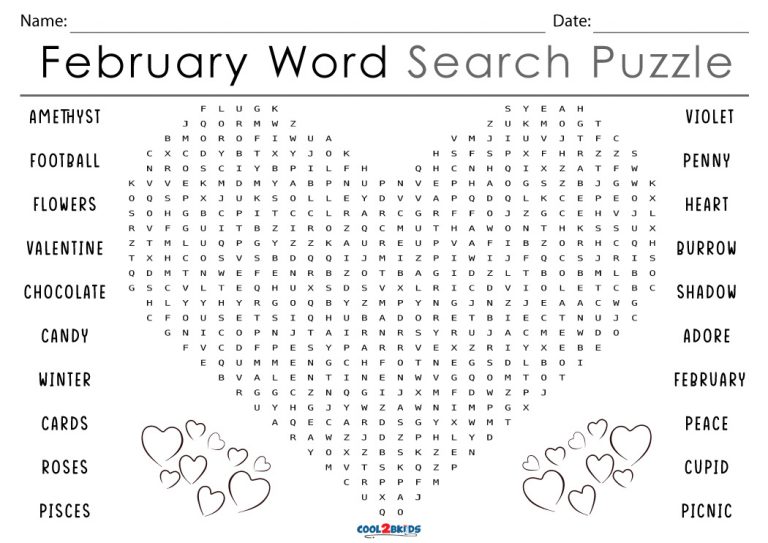 Printable February Word Search - Cool2bKids