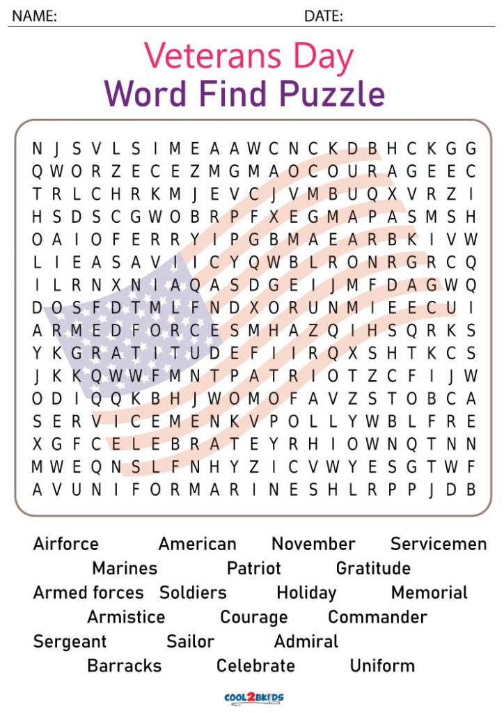 Veterans Day Word Puzzle Printable