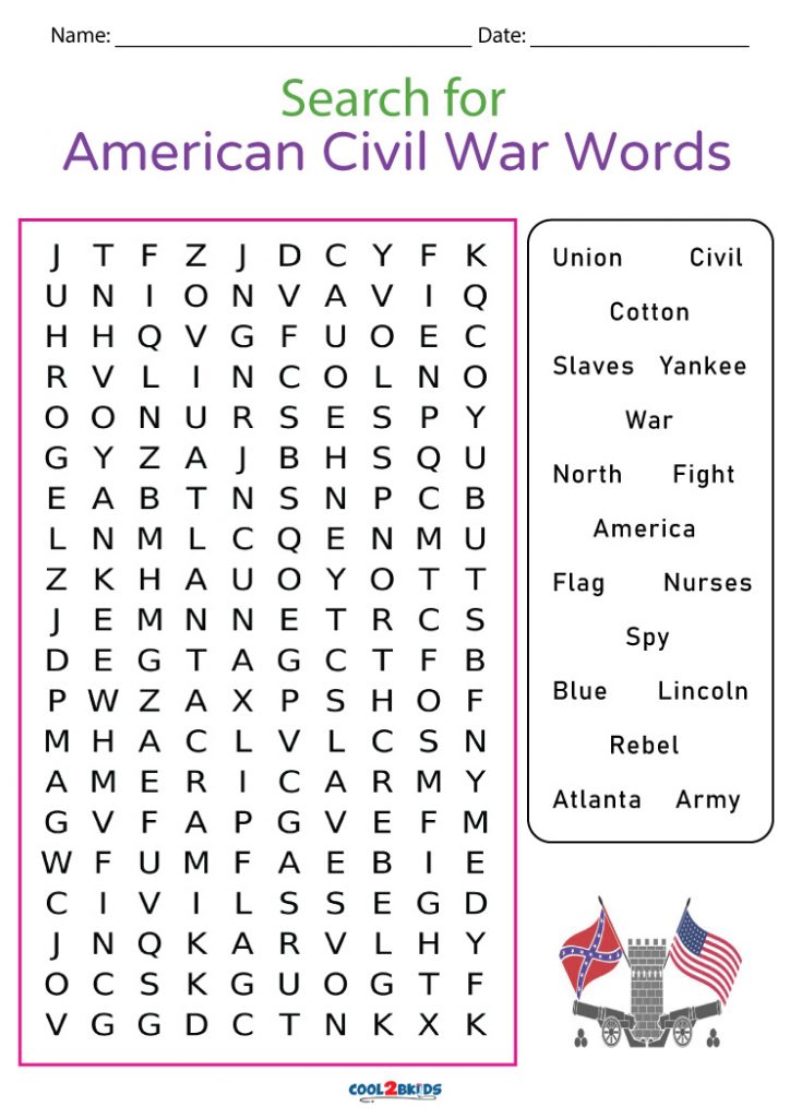 Printable Civil War Word Search Cool2bKids