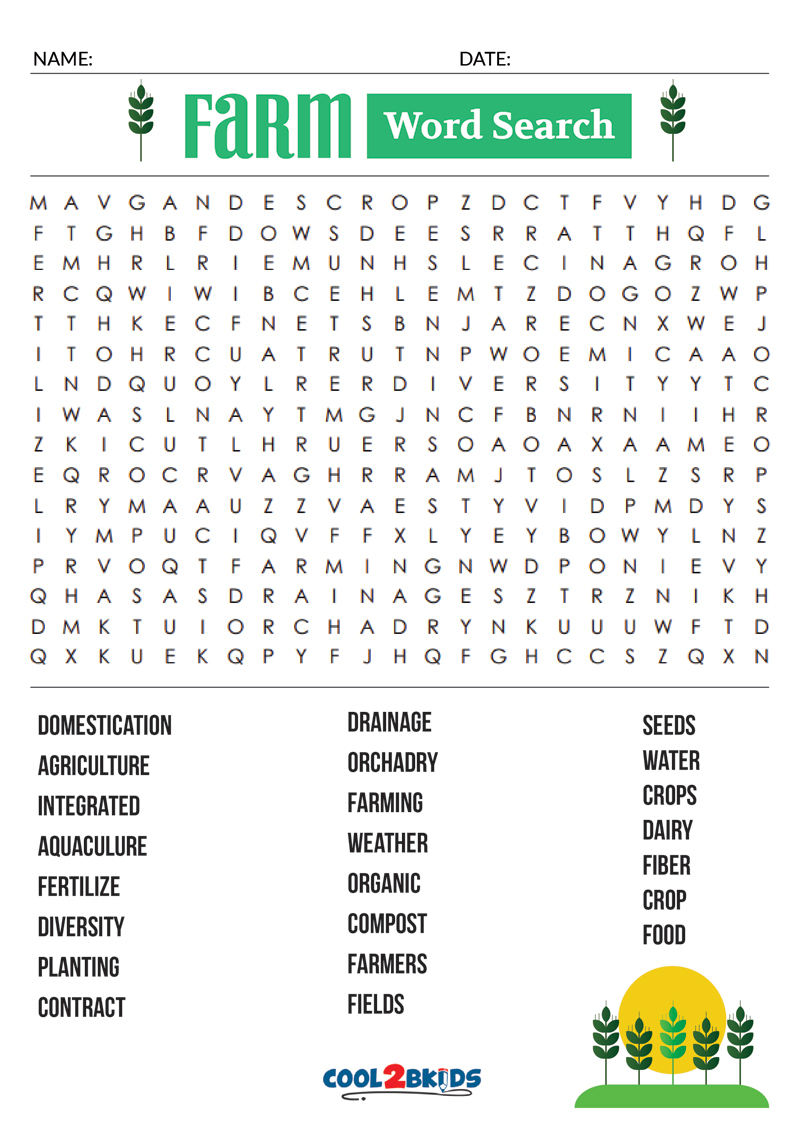 Farming Word Search Puzzle Printable