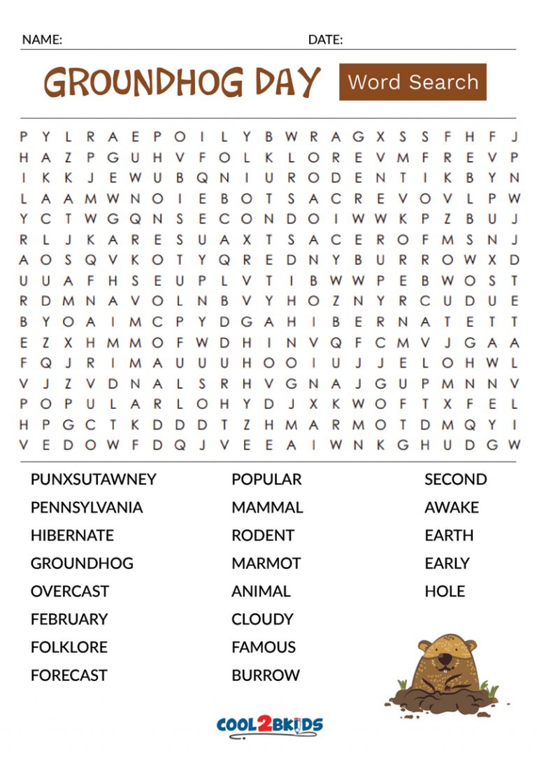 Printable Groundhog Day Word Search - Cool2bKids