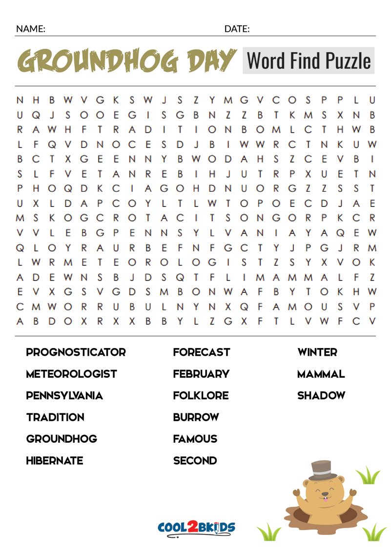 Printable Groundhog Day Word Search Cool2bKids