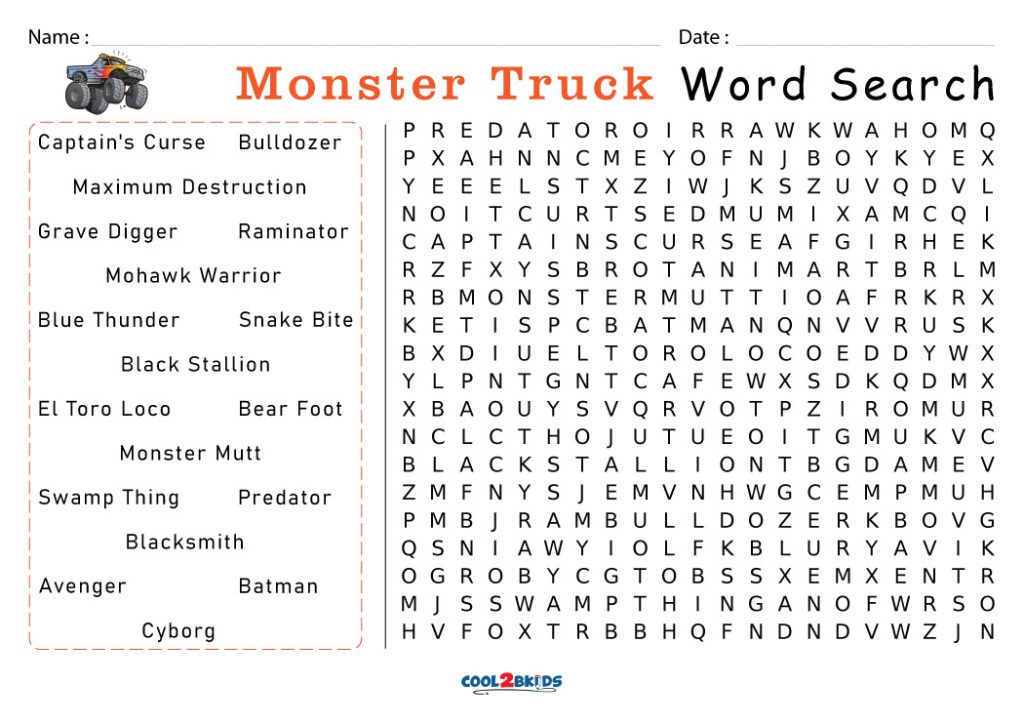 Monster Truck Word Search