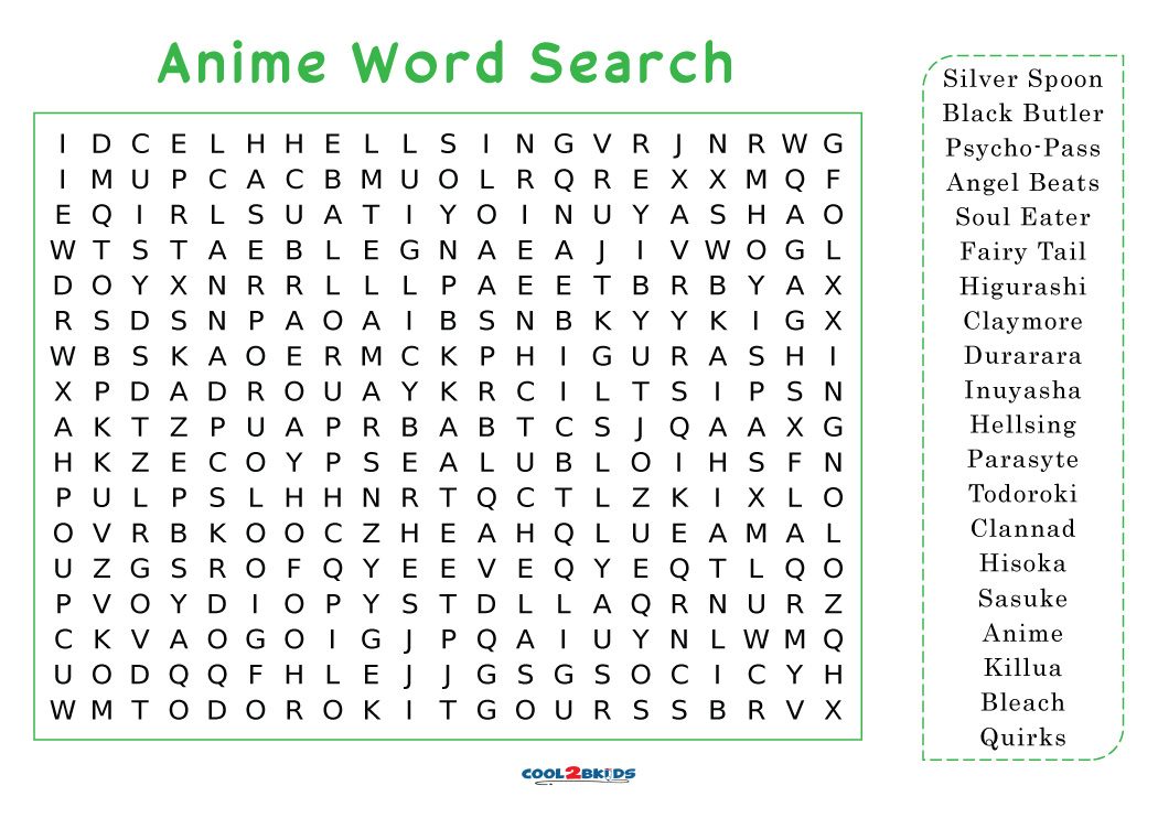 Anime Word Search Printable