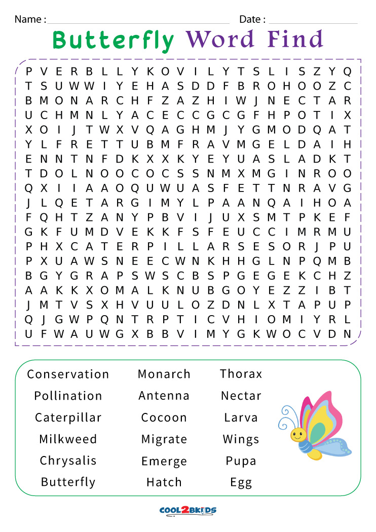 Printable Butterfly Word Search Cool2bKids