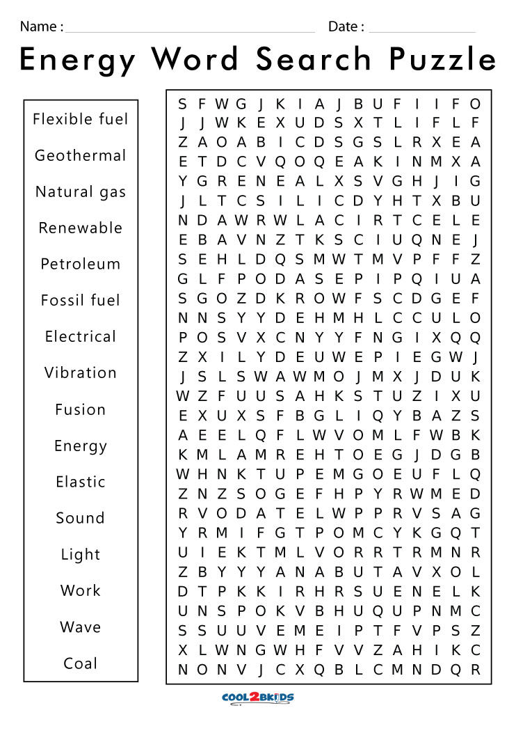 Energy Word Search Printable