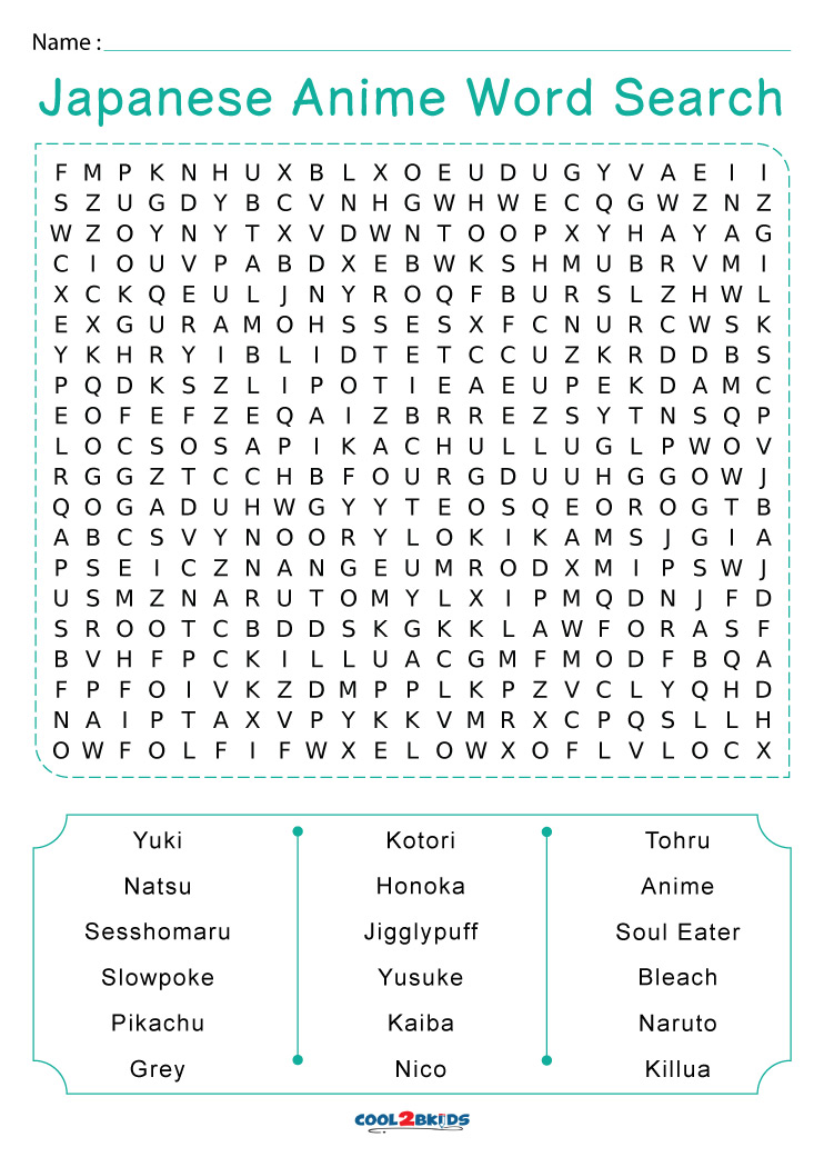 Anime/Games Word Search - WordMint