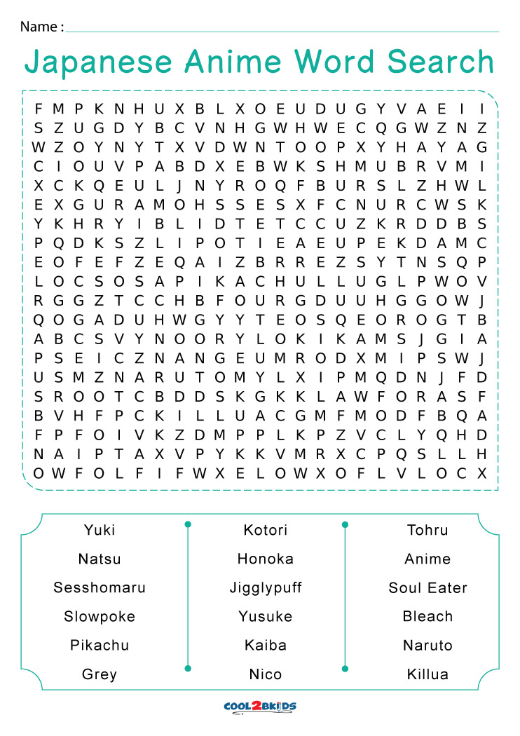 Printable Anime Word Search