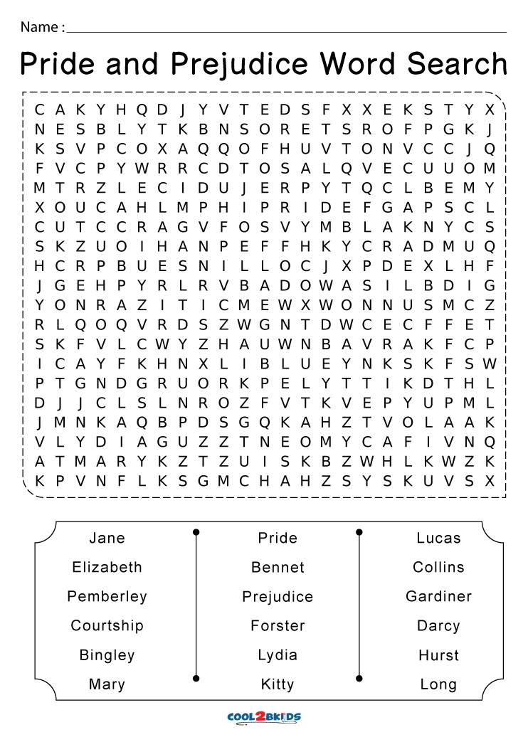 Printable Pride And Prejudice Word Search