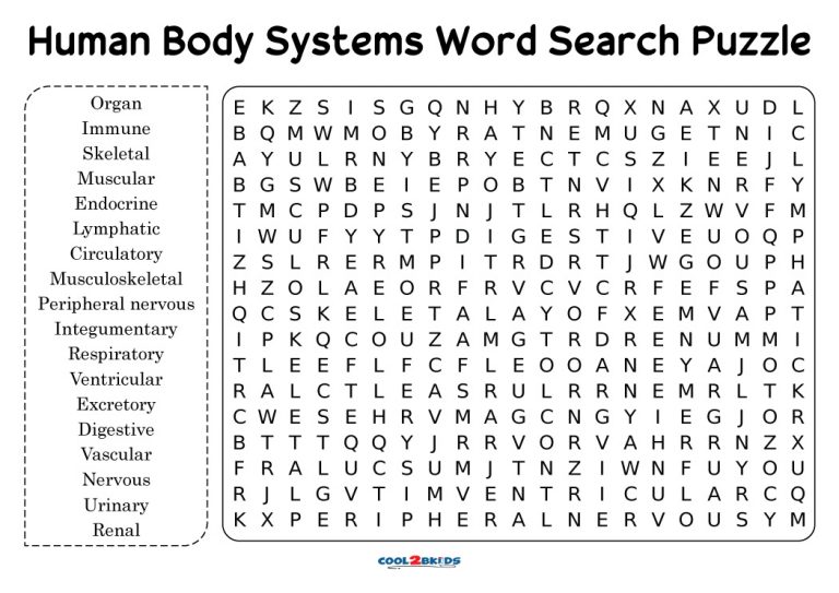 The Body Systems Word Search Answer Key