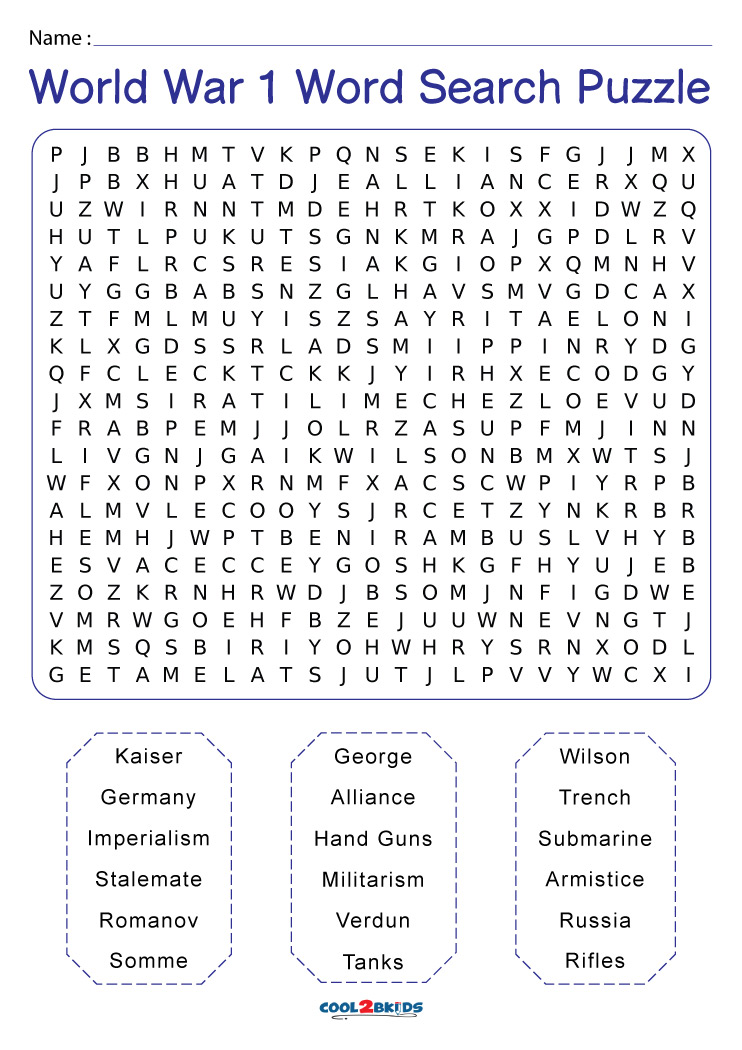 Printable World War 1 Word Search