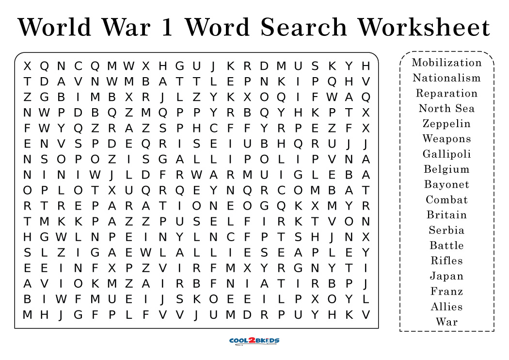 World War 1 Word Search Puzzle Answer Key