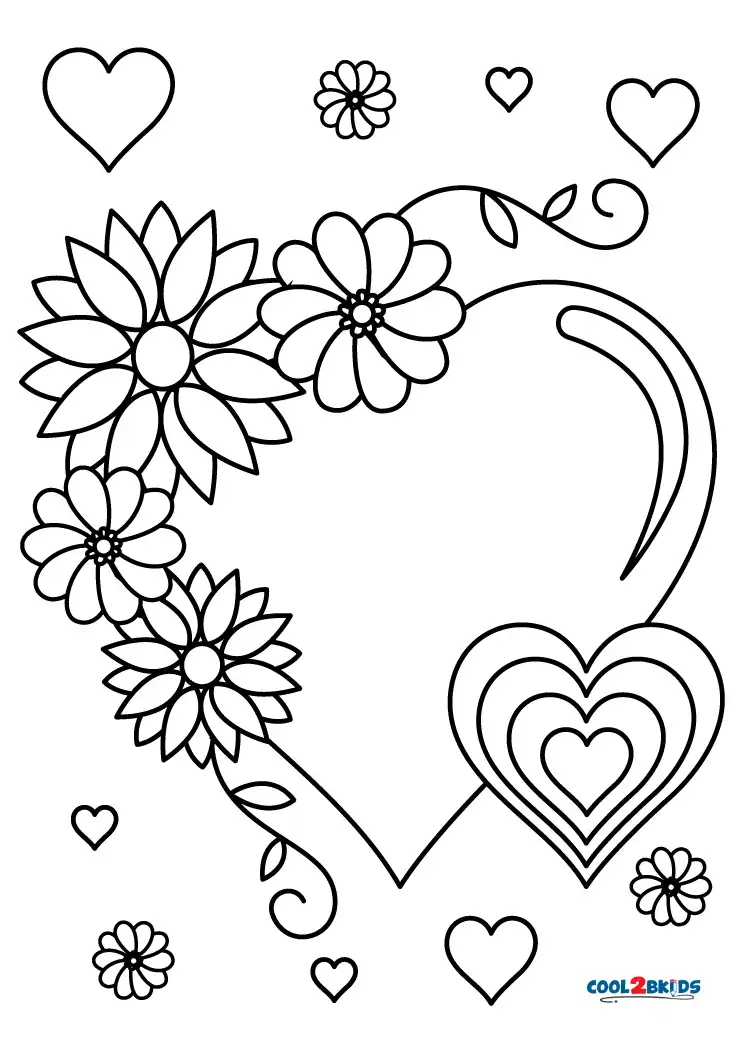hearts with flowers coloring pages